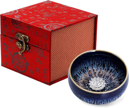 Tenmoku Ceramic Tea Cup with Lotus, 3 oz Chinese Small Teacup | Handmade by HOHCNA