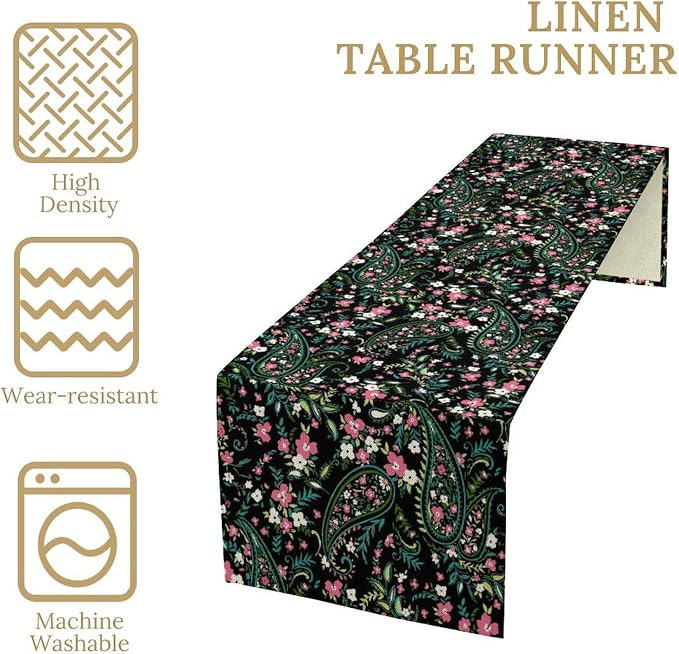 Paisley Table Runner, Abstract Vintage Boho Pink Paisley Flowers Green Teal - Image 4