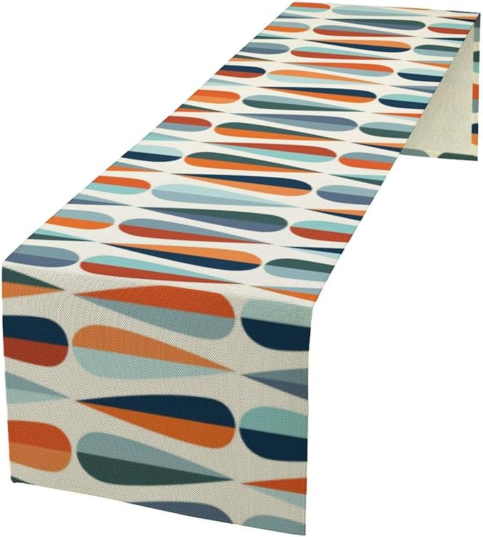 Mid Century Modern Table Runner Retro Blue Orange Grey Water Droplets Geometric by Yearn+Jear