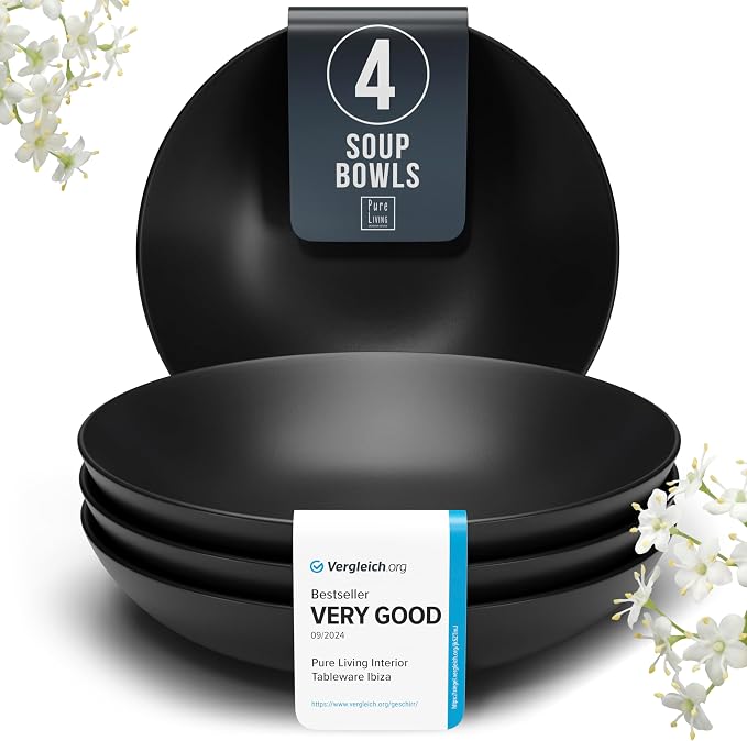 Stoneware Pasta Bowls Set of 4, 7.7" Scratch Resistant Ceramic Pasta Bowls | by PURELIVING
