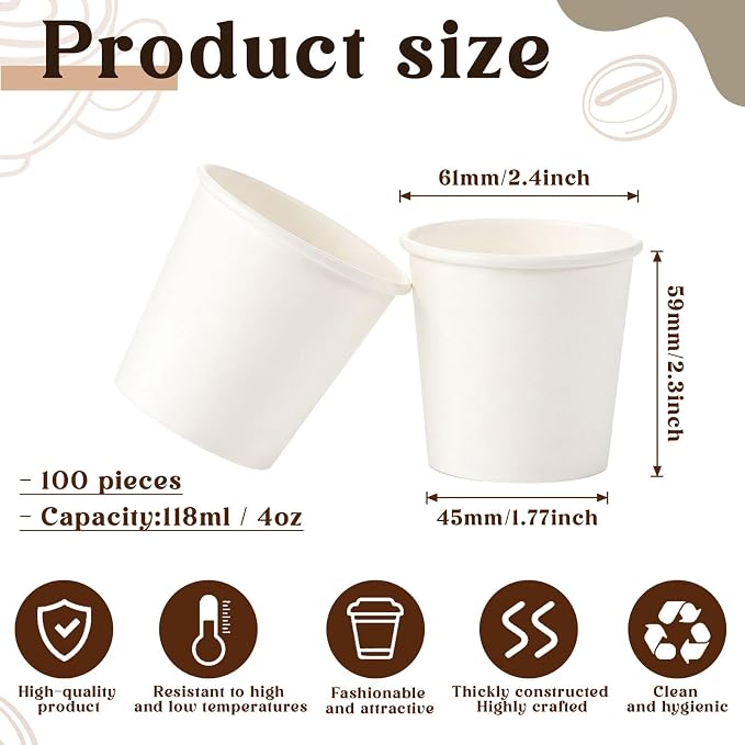 100 Pack 4oz Mini Coffee Cups Disposable Paper Cups Hot or Cold Beverage Cup - Image 2