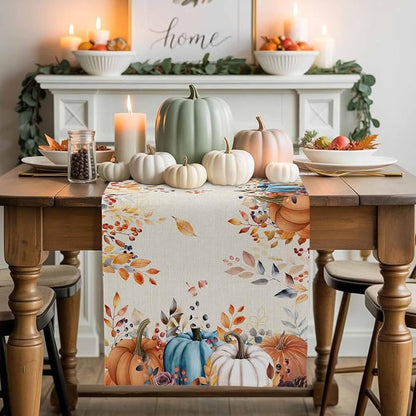 Orange Blue Pumpkin Fall Table Runner 90 Inches Long, Thanksgiving Eucalyptus - Image 2