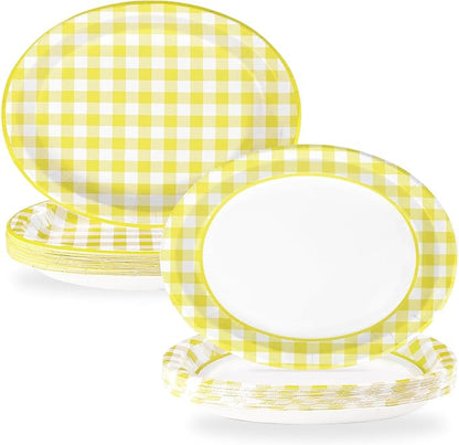 50Pcs Yellow Gingham Oval Paper Plates 10"x12" Large Yellow and White Buffalo Checkered Plaid Plates Disposable Heavy Duty Gingham Party Supplies for Picnic BBQ Baby Shower Birthday Party Decorations