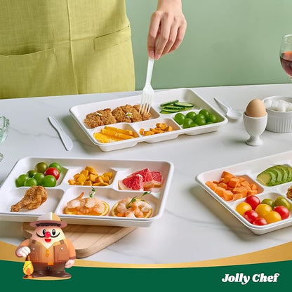 JOLLY CHEF Compostable 𝟱 Compartment Paper Plates 𝟭𝟭 * 𝟴 𝗶𝗻𝗰𝗵 [𝟱𝟬𝟬 𝗣𝗮𝗰𝗸] Heavy Duty White Divided Disposable Plate Eco-Friendly Biodegradable Food Trays for Party Lunch Dinner Christmas