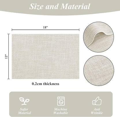SHACOS Washable Cloth Placemats Set of 4, Double Layer Thick Non Slip Heat Resistant Place Mats, Stain Resistant Faux Linen Modern Farmhouse Table Mats, Ivory