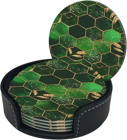 6 Pcs Leaves Marble Honeycomb Plaid Geometric Abstract Green Leather Coasters - Image 3
