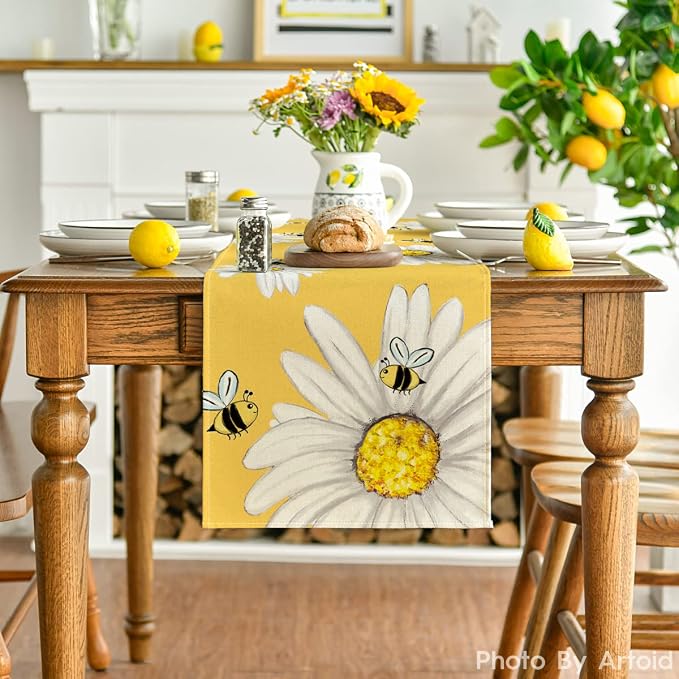 Artoid Mode Yellow Bee Sunflower Summer Table Runner, Seasonal Spring Holiday - Image 2