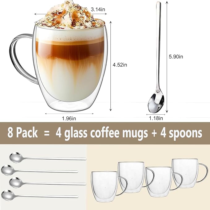 DINGPAI 4 Pack Double Wall Glass Coffee Mugs, 12oz Clear Coffee Cups | Heat - Image 2