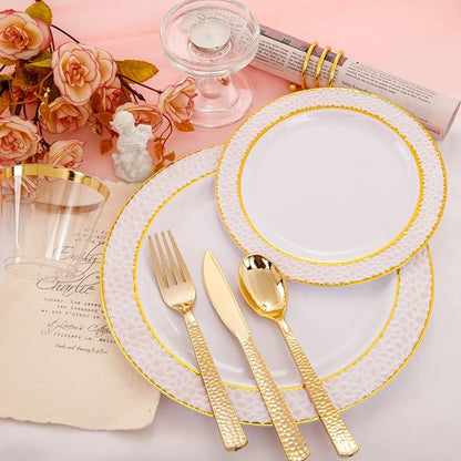 Ciaell 150PCS Pink Plastic Plates – Disposable Pink and Gold Plates Set include 50Plates, 25Forks, 25Knives, 25Spoons, 25Cups for Wedding & Party & Valentine's Day