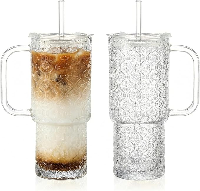 20 oz Glass Tumbler with Lid and Straw, Glass Iced Coffee Cups, Spill-proof by Unknown