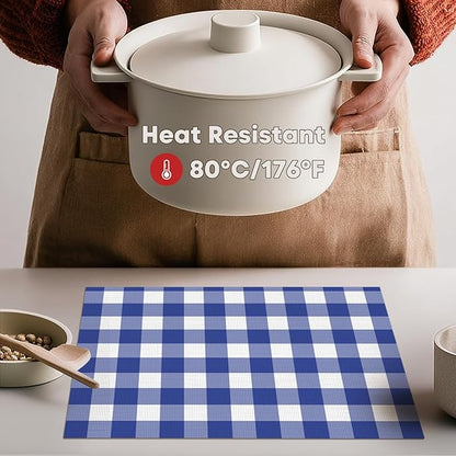 Artoid Mode Buffalo Plaid Vinyl Placemats Set of 4, 12x18 Inch Washable Non-Slip Heat Resistant Plastic Place Mats for Party Dining Table, Naxy Blue/White