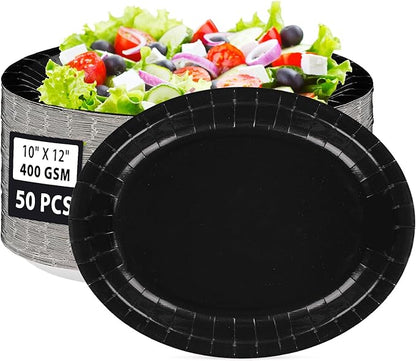 50Pcs Black Oval Paper Plates Decorations 10" x 12" Large Heavy Duty Disposable Black Paper Platters Birthday Party Decorations for BBQ Easter New Year Holiday Lunch Dinner Party Supplies Table Deco