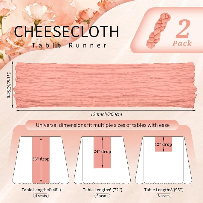 Showgeous 2 Pack Coral Cheesecloth Table Runners Boho Wedding Decor | Rustic - Image 2
