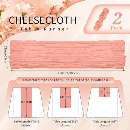 Showgeous 2 Pack Coral Cheesecloth Table Runners Boho Wedding Decor | Rustic - Image 2