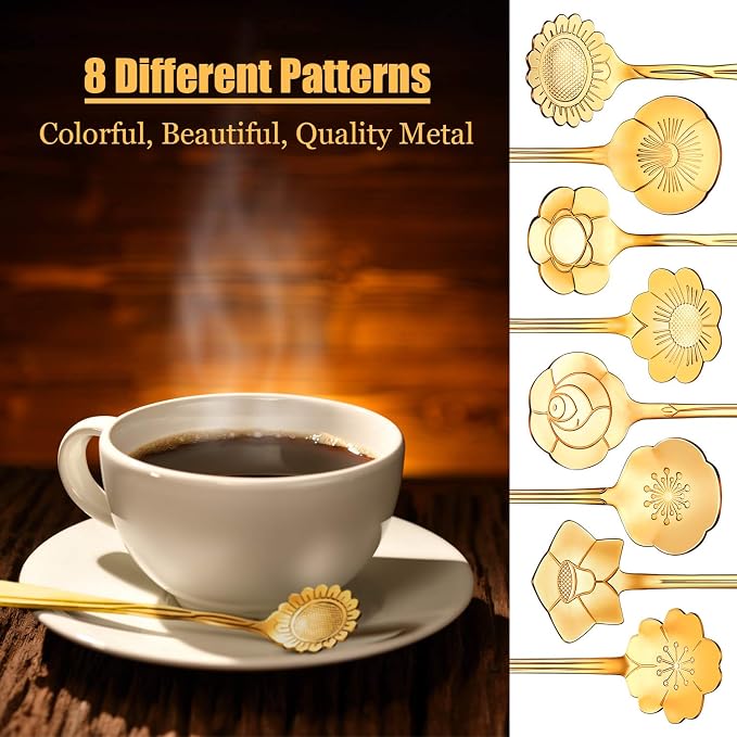 Chengu 8 Pcs Flower Coffee Tea Teaspoons Stainless Sugar Spoons ，Gold | Floral - Image 2