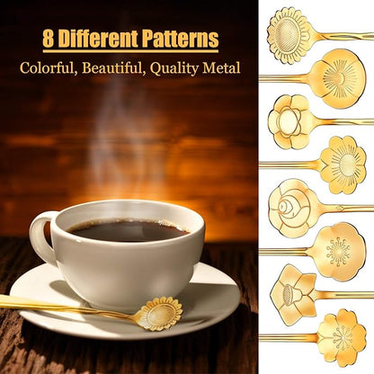 Chengu 8 Pcs Flower Coffee Tea Teaspoons Stainless Sugar Spoons ，Gold | Floral - Image 2