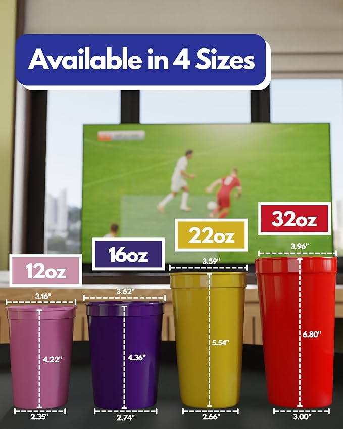 PartyPrints 100 Pack 16 oz Assorted Reusable Blank Plastic Cups, Stadium Cups - Image 4