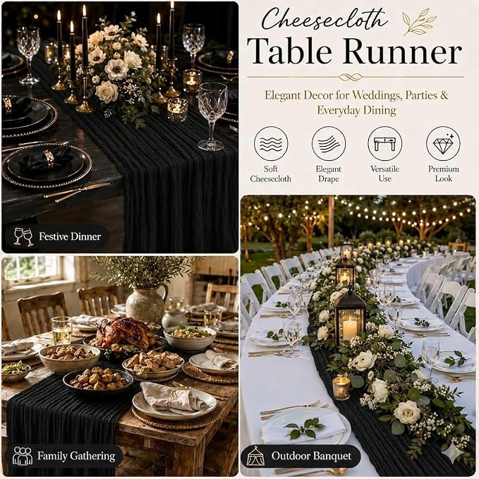 6 Pack Black Cheesecloth Table Runner 22 x 120 Inch | Gauze Table Runners 10FT - Image 6