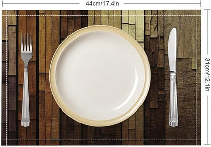 Retro Plank Placemat Set, Rural Old Shabby Brown Beige Farmhouse Barn Wooden Board Pattern Home Decor Linen Table Mats for Dining Room Kitchen Party (17x12in) x6P