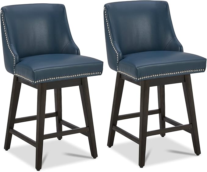 CHITA Counter Height Swivel Bar Stools Set of 2, FSC Certified Upholstered Counter Stools, Modern Swivel Barstools with Wood Legs for Kitchen Island, 26" Seat Height, Faux Leather in Blue