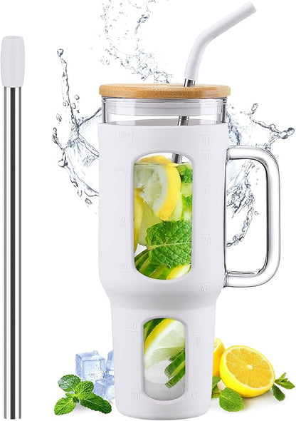WINSA Glass Tumbler with Lid and Straw, 46 oz, Large Water Bottle with Silicone by WINSA