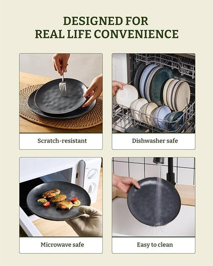 Famiware Dinnerware Sets for 4, Ocean Round 12-Piece Kitchen Plates and Bowls Sets, Microwave and Dishwasher Safe, Scratch Resistant, Matte Black
