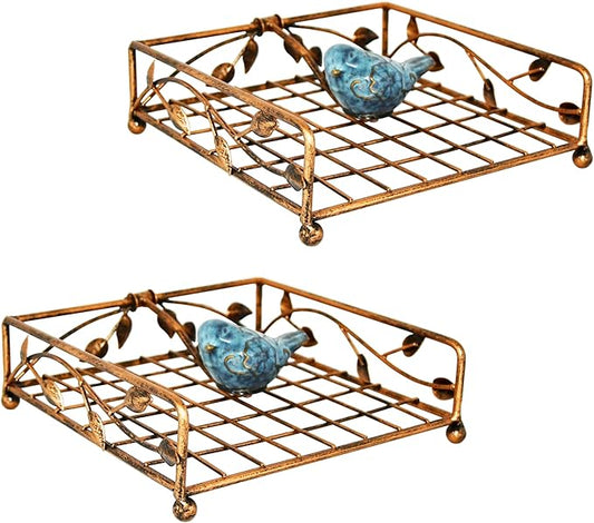 OwlGift Collection Set of 2 Bronze Coated Metal Flat Napkin Holder Dispensing Stand w/Ceramic Bird, Kitchen and Countertop Flat Napkin Storage Organizer