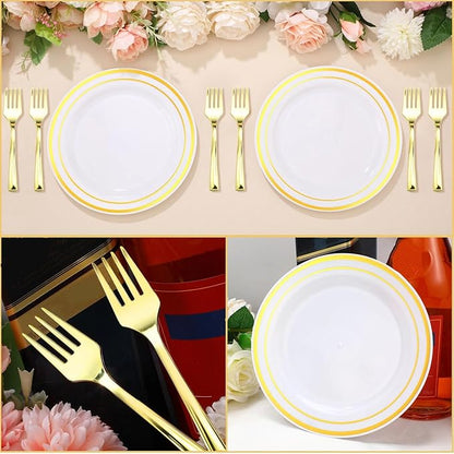 Eccliy 400 Pieces Plastic Cake Plates with Dessert Forks, 7.5 Inch Disposable Plastic Plates Appetizer Plates Salad Plates Party Plates Heavy Duty for Wedding Reception Parties Holidays (Gold)
