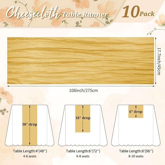 Pesonlook Cheesecloth Table Runner Gold, 10 Pack 17.7x108 inch, Long | Rustic - Image 2