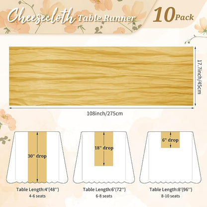 Pesonlook Cheesecloth Table Runner Gold, 10 Pack 17.7x108 inch, Long | Rustic - Image 2