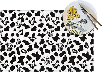 Cow Print Placemats Set of 4 Linen 12"x18" Black White Decorative Place Mats Washable Kitchen Table Mats for Dining Outdoor Farmhouse Home Decor Holiday Party Dining Mat