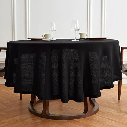 Solino Home Linen Round Tablecloth 70 Inch - 100% Pure Linen Black Round Tablecloth - Machine Washable Table Cloth for Winter, Spring - Sonoma