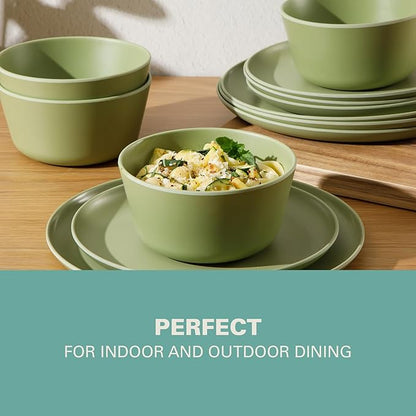 Gibson Home Fairhope 12-Piece Matte Green Melamine Dinnerware Set – Durable Lightweight Plates and Bowls, Kitchen Dining Set