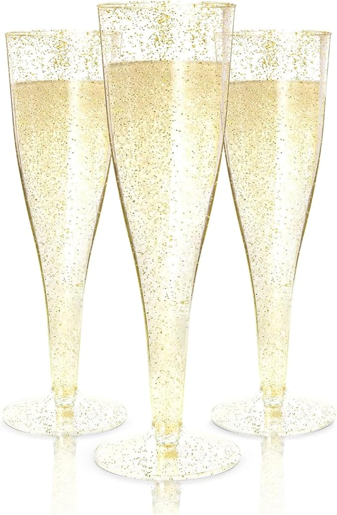 Prestee 100 Gold Plastic Champagne Flutes - 4.5 oz Disposable Champagne Glasses for Toasting at Weddings, Mimosas, Cocktails, Great Gatsby Party Decorations, and Events