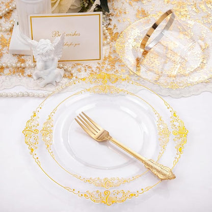 Nervure 175PCS Clear Gold Plastic Plates - Disposable Gold Party Plates & Pre Rolled Napkins with Cutlery for 25 Guests, 50Plates, 75Silverware, 25Cups, 25Napkin for Wedding & Party