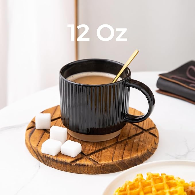 GBhome 12 OZ Stackable Coffee Mugs Set of 6, Ceramic Black Coffee Cups Set | 3 - Image 2