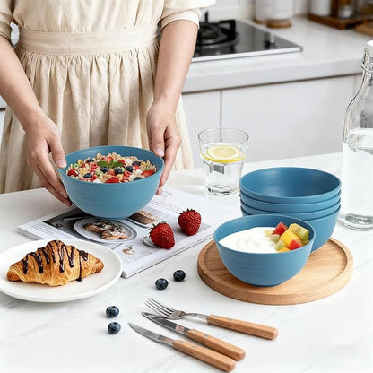 26 OZ Wheat Straw Bowls Set of 6, Reusable Plastic Kitchen Bowls, Unbreakable Bowls Set for Cereal, Salad, Snack, Soup, Ideal for Indoor & Outdoor, Microwave & Dishwasher Safe, Blue