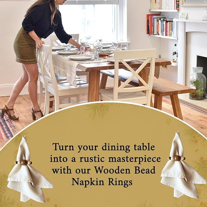 Napkin Rings Set of 6 - Modern Napkin Holder Rings with Wooden Beads | Dinner Napkin Ring for Holiday & Christmas, Birthday Party, & Wedding Decor - Farmhouse Napkin Rings Bulk (Loggi)