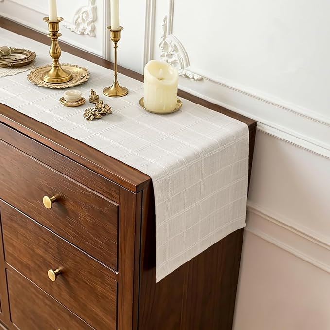 Linen Textured Table Runner, Machine Washable, Farmhouse Neutral Checked table - Image 5
