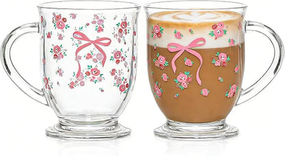KEMORELA Pink Bow Glass Coffee Mugs Set, Cute Tea Cup by KEMORELA