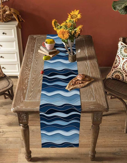 Abstract Blue Moire Table Runners 70 Inches Long, Cotton Linen Fabric Table - Image 4