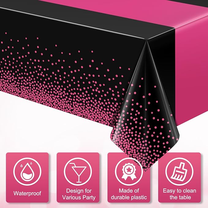 6Pcs Black Hot Pink Tablecloth Party Decorations, Plastic Black Table Cloth - Image 3