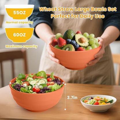 Large Bowl Set of 8, 60 oz Orange Wheat Straw Bowls, Unbreakable & Microwave - Image 2