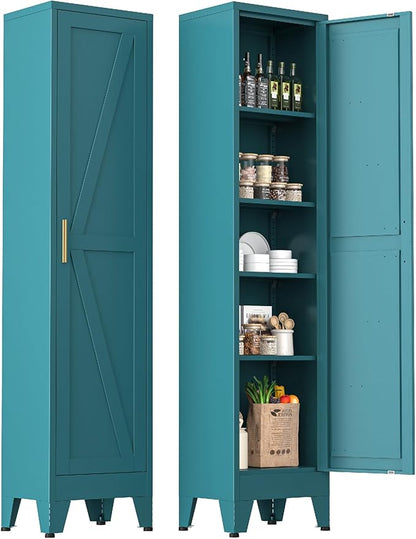 Narrow Metal Cabinet with 4 Adjustable Shelves and Barn Doors,Tall Bathroom Storage Cabinet, Metal Pantry Organizer for Kitchen,Home Office, Dining Room,Blue