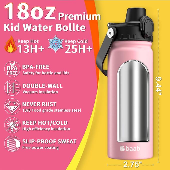 baab 18oz Kids Insulated Water Bottle 18/8 Stainless Steel Kids Cup 2 Pack | - Image 2