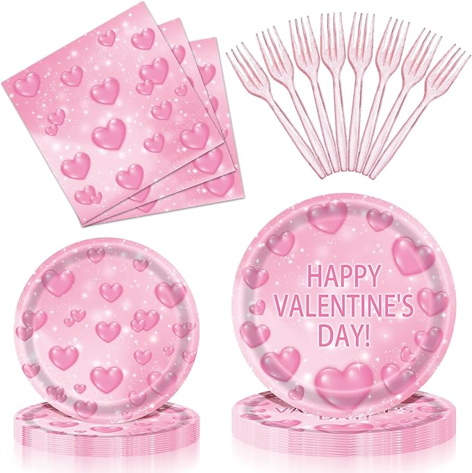 96 Pieces Valentine’s Day Tableware Set – Pink Heart Disposable Plates and by GistomeHome
