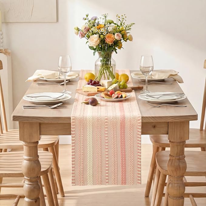 Artoid Mode Pink Farmhouse Stripe Braided Table Runner 12x72 Inch | Holiday - Image 2