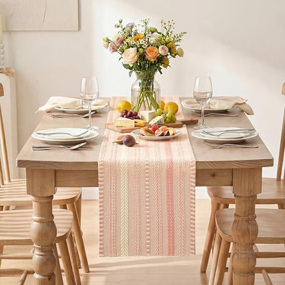 Artoid Mode Pink Farmhouse Stripe Braided Table Runner 12x72 Inch | Holiday - Image 2