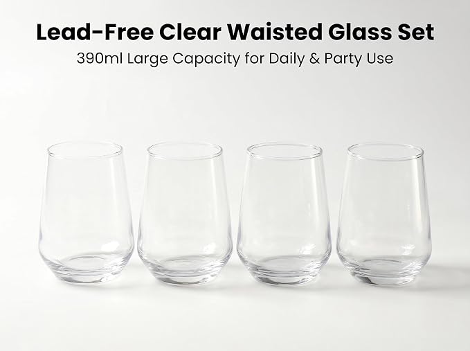 Lead-Free Clear Glass Cups Set 4-13oz., Thick Base Curved Drinking Cups - Image 8
