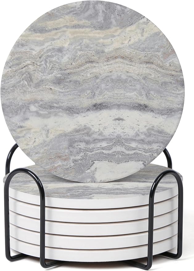 Set of 6 Light Gray Abstract Onyx Marble Coasters by Hoomey